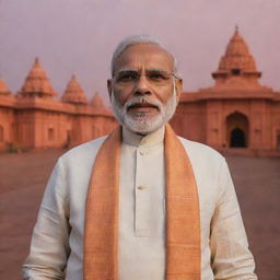 Narendra Modi, the Prime Minister of India, standing proud in Ayodhya, with the iconic Ram Mandir as backdrop, bathed in the warm glow of twilight