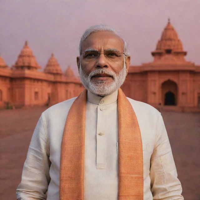 Narendra Modi, the Prime Minister of India, standing proud in Ayodhya, with the iconic Ram Mandir as backdrop, bathed in the warm glow of twilight