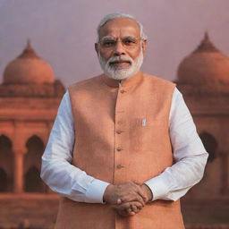 Narendra Modi, the Prime Minister of India, standing proud in Ayodhya, with the iconic Ram Mandir as backdrop, bathed in the warm glow of twilight