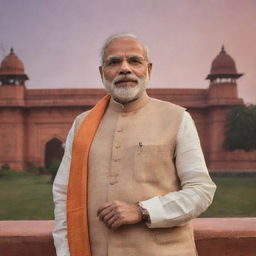 Narendra Modi, the Prime Minister of India, standing proud in Ayodhya, with the iconic Ram Mandir as backdrop, bathed in the warm glow of twilight