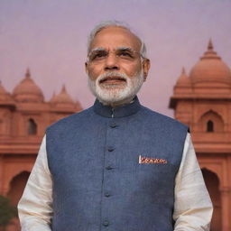 Narendra Modi, the Prime Minister of India, standing proud in Ayodhya, with the iconic Ram Mandir as backdrop, bathed in the warm glow of twilight