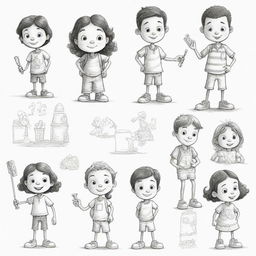 Hand-drawn, black and white, cartoonish character designs for a children's book, in ink style. Create more than 20 distinct characters based on provided blueprints.