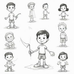 Hand-drawn, black and white, cartoonish character designs for a children's book, in ink style. Create more than 20 distinct characters based on provided blueprints.