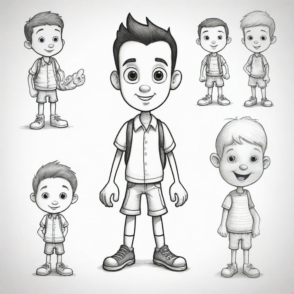 Hand-drawn, black and white, cartoonish character designs for a children's book, in ink style. Create more than 20 distinct characters based on provided blueprints.