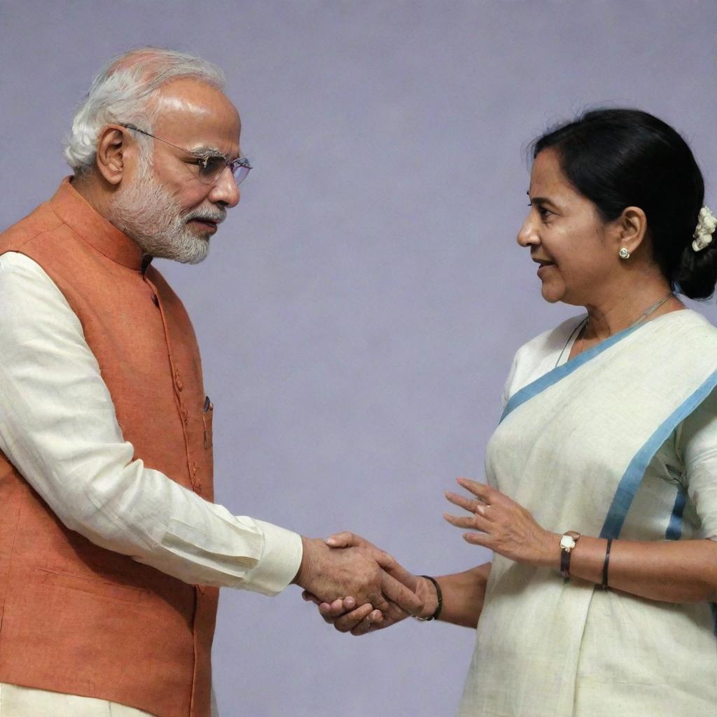 Narendra Modi, the Prime Minister of India, and Mamata Banerjee, the Chief Minister of West Bengal, in a respectful conversation at a formal political event