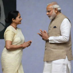 Narendra Modi, the Prime Minister of India, and Mamata Banerjee, the Chief Minister of West Bengal, in a respectful conversation at a formal political event