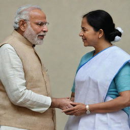 Narendra Modi, the Prime Minister of India, and Mamata Banerjee, the Chief Minister of West Bengal, in a respectful conversation at a formal political event