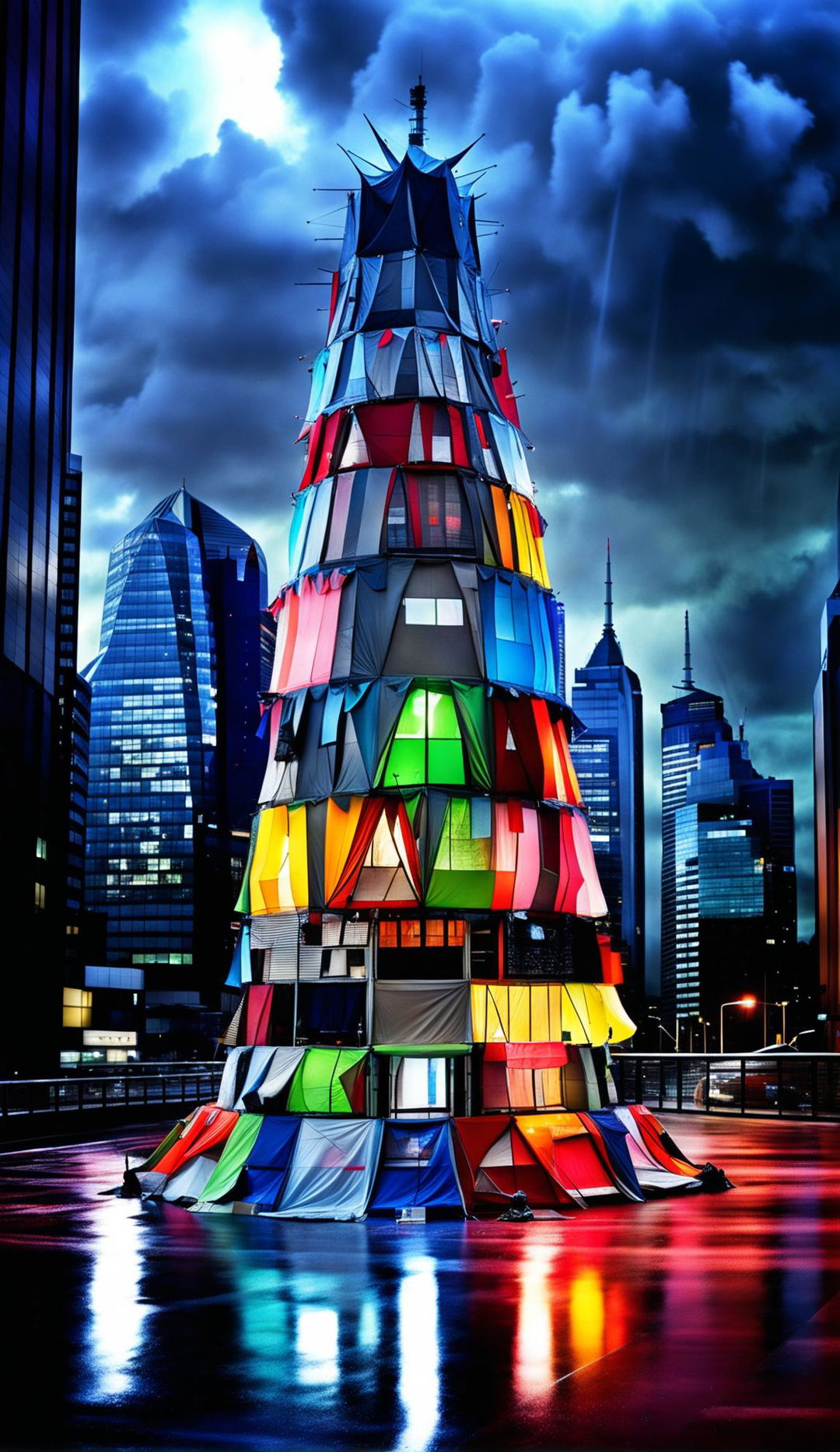 A towering architectural concept made from thousands of colourful tents, each with a large umbrella protruding, stacked up against a heavily rain-soaked cityscape, captured in long exposure.