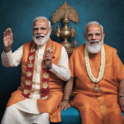 A symbolic image of India's Prime Minister Narendra Modi alongside Lord Krishna, known for wisdom and charisma. The fusion of modern politics and timeless mythology makes for a compelling portrait