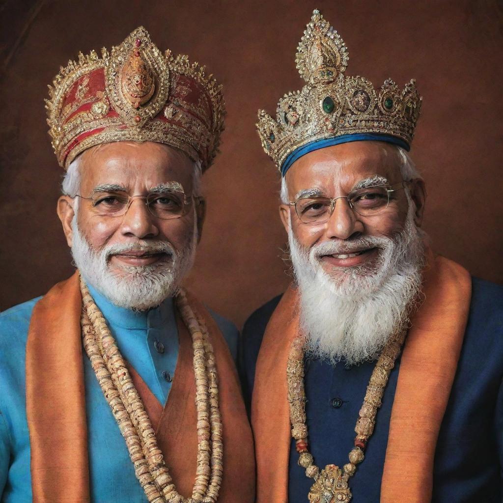 A symbolic image of India's Prime Minister Narendra Modi alongside Lord Krishna, known for wisdom and charisma. The fusion of modern politics and timeless mythology makes for a compelling portrait