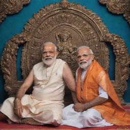 A symbolic image of India's Prime Minister Narendra Modi alongside Lord Krishna, known for wisdom and charisma. The fusion of modern politics and timeless mythology makes for a compelling portrait