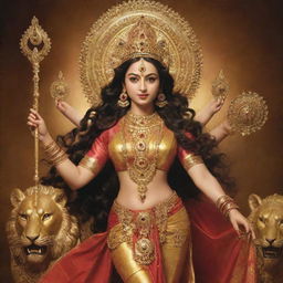 An image of Maa Durga, a powerful deity from Indian mythology, her eyes blazing with divine power as she is adorned with exquisite gold jewelry and holding her divine weapons