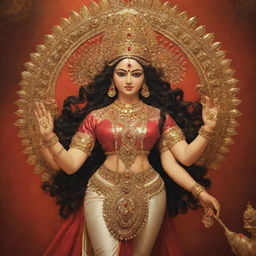 An image of Maa Durga, a powerful deity from Indian mythology, her eyes blazing with divine power as she is adorned with exquisite gold jewelry and holding her divine weapons