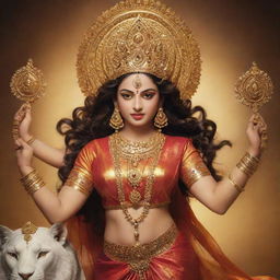 An image of Maa Durga, a powerful deity from Indian mythology, her eyes blazing with divine power as she is adorned with exquisite gold jewelry and holding her divine weapons