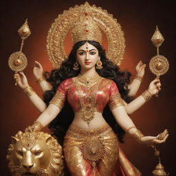 An image of Maa Durga, a powerful deity from Indian mythology, her eyes blazing with divine power as she is adorned with exquisite gold jewelry and holding her divine weapons