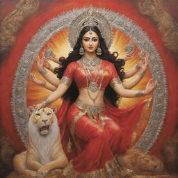 A modern interpretation of Maa Durga, where she embodies strength and power in a contemporary setting, her divine aura juxtaposed with present-day elements