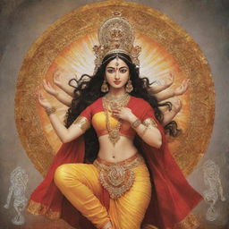 A modern interpretation of Maa Durga, where she embodies strength and power in a contemporary setting, her divine aura juxtaposed with present-day elements