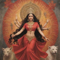 A modern interpretation of Maa Durga, where she embodies strength and power in a contemporary setting, her divine aura juxtaposed with present-day elements