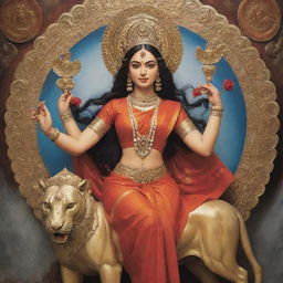 A modern interpretation of Maa Durga, where she embodies strength and power in a contemporary setting, her divine aura juxtaposed with present-day elements