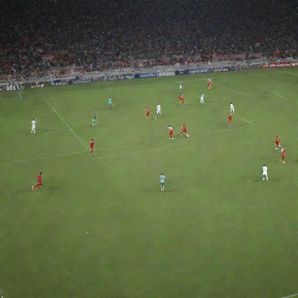 Dynamic soccer match scene happening between Iraq and Vietnam teams in the full swing of the Asian Cup, under dazzling stadium lights.