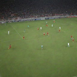 Dynamic soccer match scene happening between Iraq and Vietnam teams in the full swing of the Asian Cup, under dazzling stadium lights.