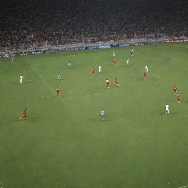 Dynamic soccer match scene happening between Iraq and Vietnam teams in the full swing of the Asian Cup, under dazzling stadium lights.