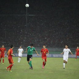 Dynamic soccer match scene happening between Iraq and Vietnam teams in the full swing of the Asian Cup, under dazzling stadium lights.