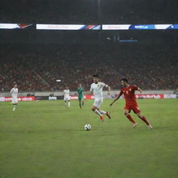 Dynamic soccer match scene happening between Iraq and Vietnam teams in the full swing of the Asian Cup, under dazzling stadium lights.