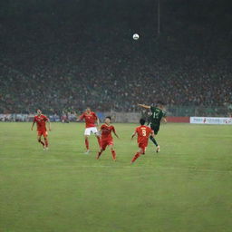 Dynamic soccer match scene happening between Iraq and Vietnam teams in the full swing of the Asian Cup, under dazzling stadium lights.