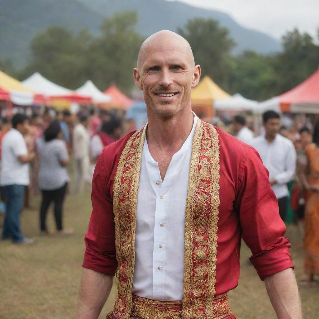 Johnny Sins, a popular figure, decently dressed in traditional attire, perhaps in a cultural festival setting