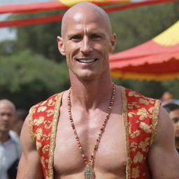 Johnny Sins, a popular figure, decently dressed in traditional attire, perhaps in a cultural festival setting