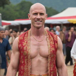 Johnny Sins, a popular figure, decently dressed in traditional attire, perhaps in a cultural festival setting