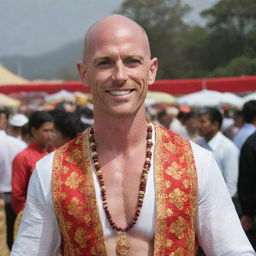 Johnny Sins, a popular figure, decently dressed in traditional attire, perhaps in a cultural festival setting