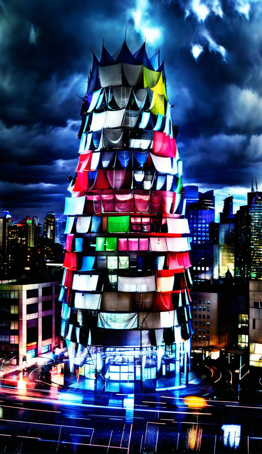 A towering architectural concept made from thousands of colourful tents, each with a large umbrella protruding, stacked up against a blurry long exposure of a cityscape under a torrential rain downpour, with rain splotches distorting the entire photograph.