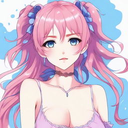 A tastefully drawn anime art piece displaying a petite 18-year-old girl with animal-like features, pink hair, and sky-blue eyes