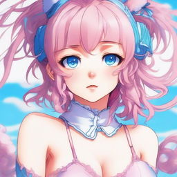 A tastefully drawn anime art piece displaying a petite 18-year-old girl with animal-like features, pink hair, and sky-blue eyes