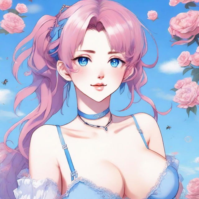 A tastefully drawn anime art piece displaying a petite 18-year-old girl with animal-like features, pink hair, and sky-blue eyes