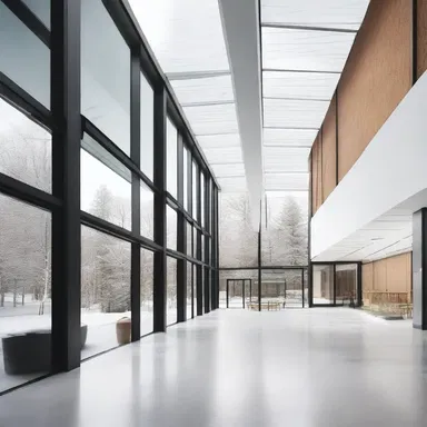 The modern architectural design of the building incorporated large windows, allowing natural light to create a sense of a snowy flurry inside the space.