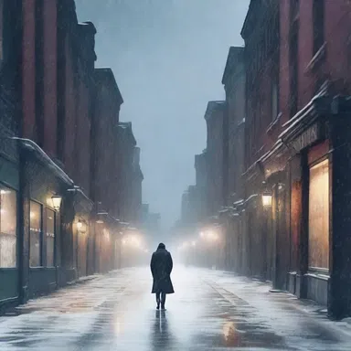 As the protagonist walked through the abandoned street, a sudden flurry of snowflakes danced in the air, mirroring his swirling thoughts.