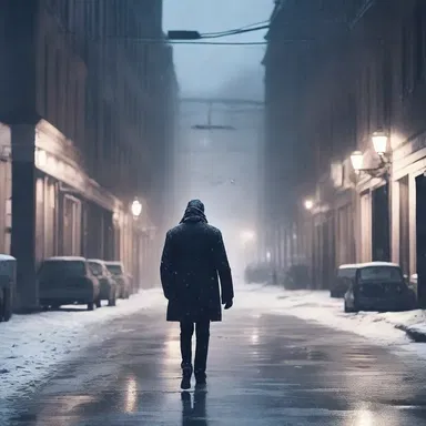 As the protagonist walked through the abandoned street, a sudden flurry of snowflakes danced in the air, mirroring his swirling thoughts.