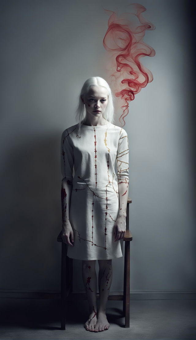 Albino girl adorned with kintsugi patterns stands in a minimalist room with theatrical lighting casting long shadows. Eerie red smoke swirls around her.