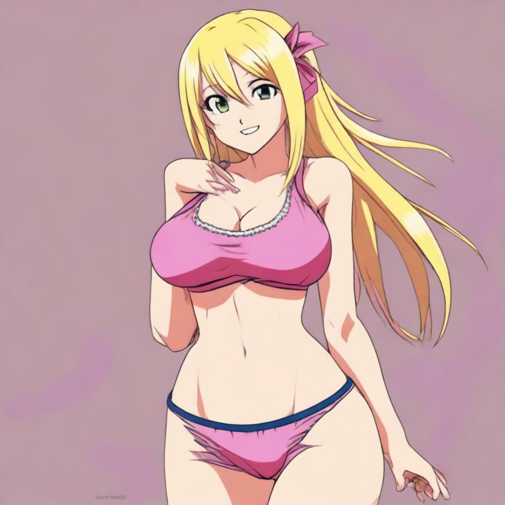 Generate an image of Lucy Heartfilia from Fairy Tail in a tasteful pose, wearing pink underwear