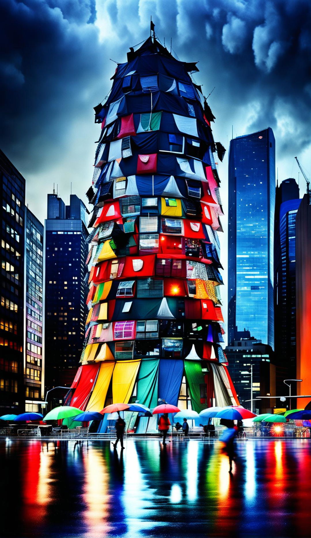 A towering architectural concept made from thousands of colourful tents, each with a large umbrella protruding, stacked up against a blurry long exposure of a cityscape under a torrential rain downpour, with large raindrops in the foreground.