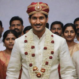 Jagan Mohan Reddy, the Chief Minister of Andhra Pradesh, dressed in a traditional Indian wedding ensemble