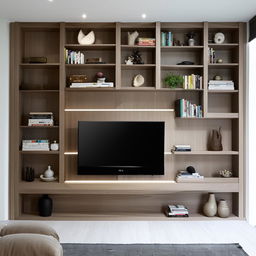 A modern TV wall paneling incorporating a bookshelf and display corner. Materials should reflect a blend of coziness and elegance