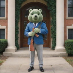 An anthropomorphic SKS rifle dressed in typical college attire, backpack slung over its shoulder, standing in front of a classic ivy-league style college building.