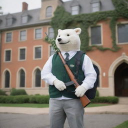 An anthropomorphic SKS rifle dressed in typical college attire, backpack slung over its shoulder, standing in front of a classic ivy-league style college building.