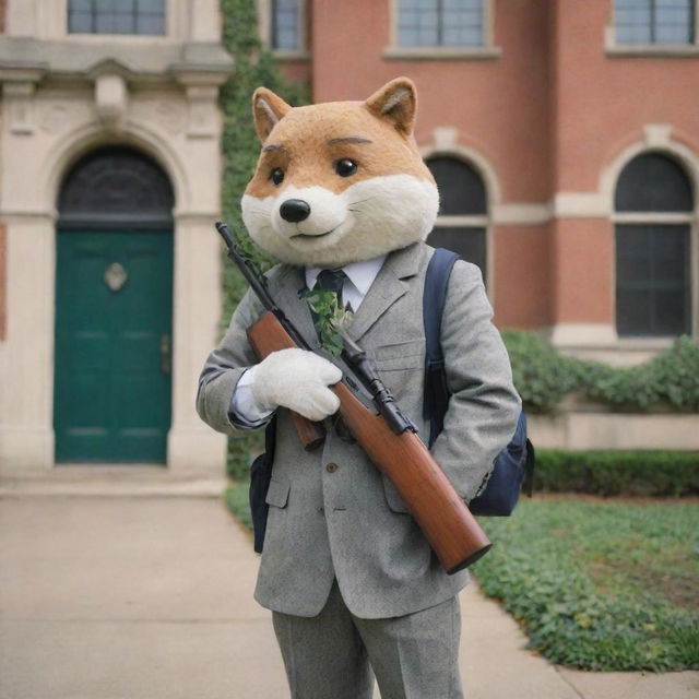 An anthropomorphic SKS rifle dressed in typical college attire, backpack slung over its shoulder, standing in front of a classic ivy-league style college building.