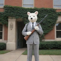 An anthropomorphic SKS rifle dressed in typical college attire, backpack slung over its shoulder, standing in front of a classic ivy-league style college building.