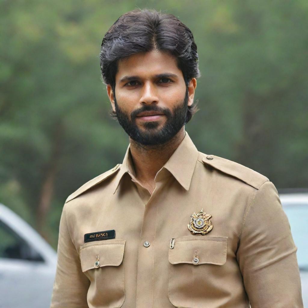 Vijay Devarakonda, the South Indian actor, perfectly suited up in a police officer's uniform, radiating authority and commitment